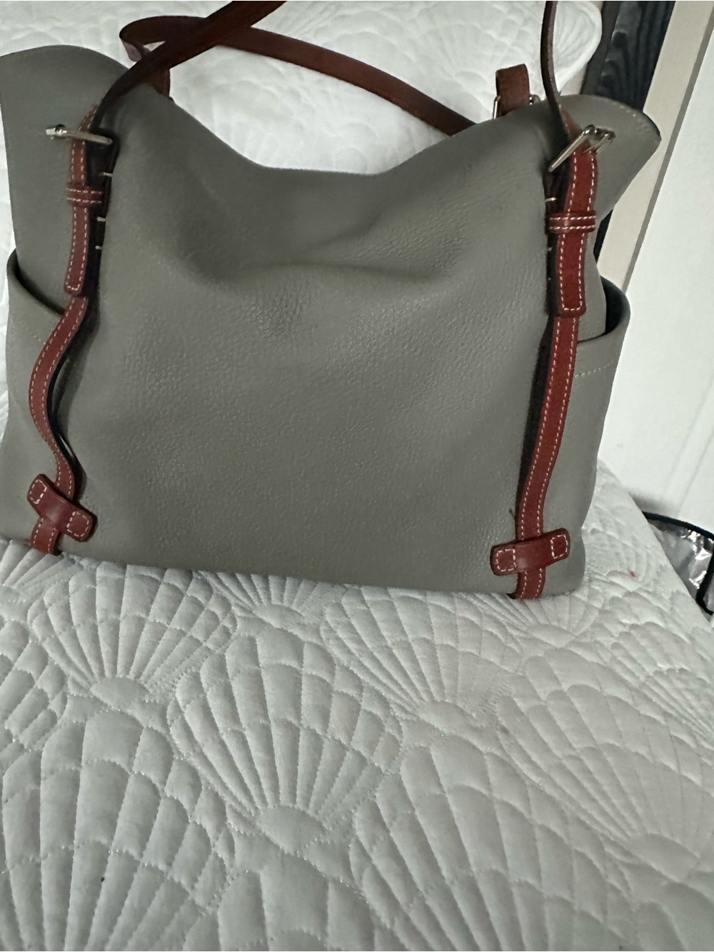 Dooney & Bourke pebble leather Gray Hobo ( Penrose) satchel with brown trim